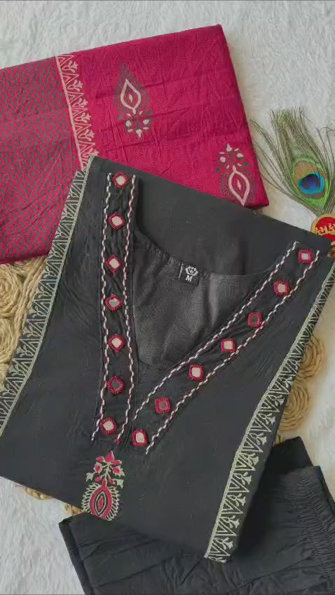 Pure Cotton Black Kurti Set with Mul Cotton Block Print Dupatta