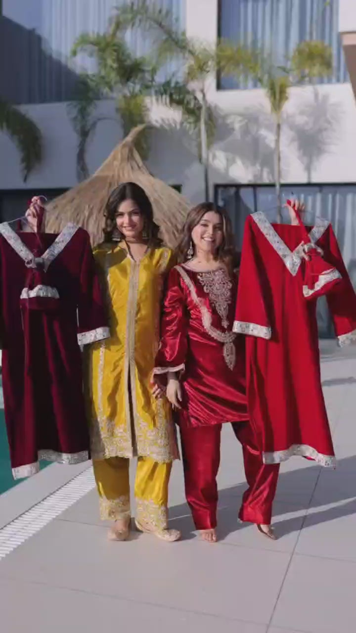 Premium Velvet Kurti Set with Mirror Work & Batwa