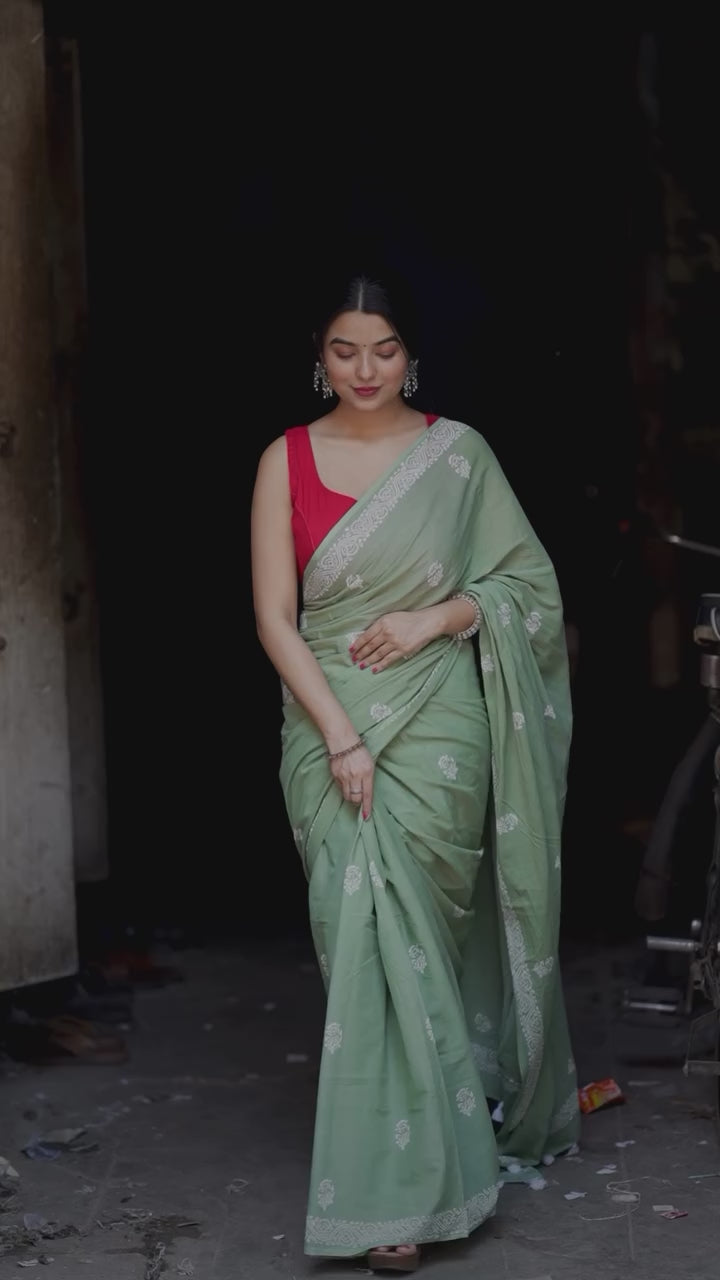 Ready to Wear Mul Cotton Saree with Pocket & Silk Blouse