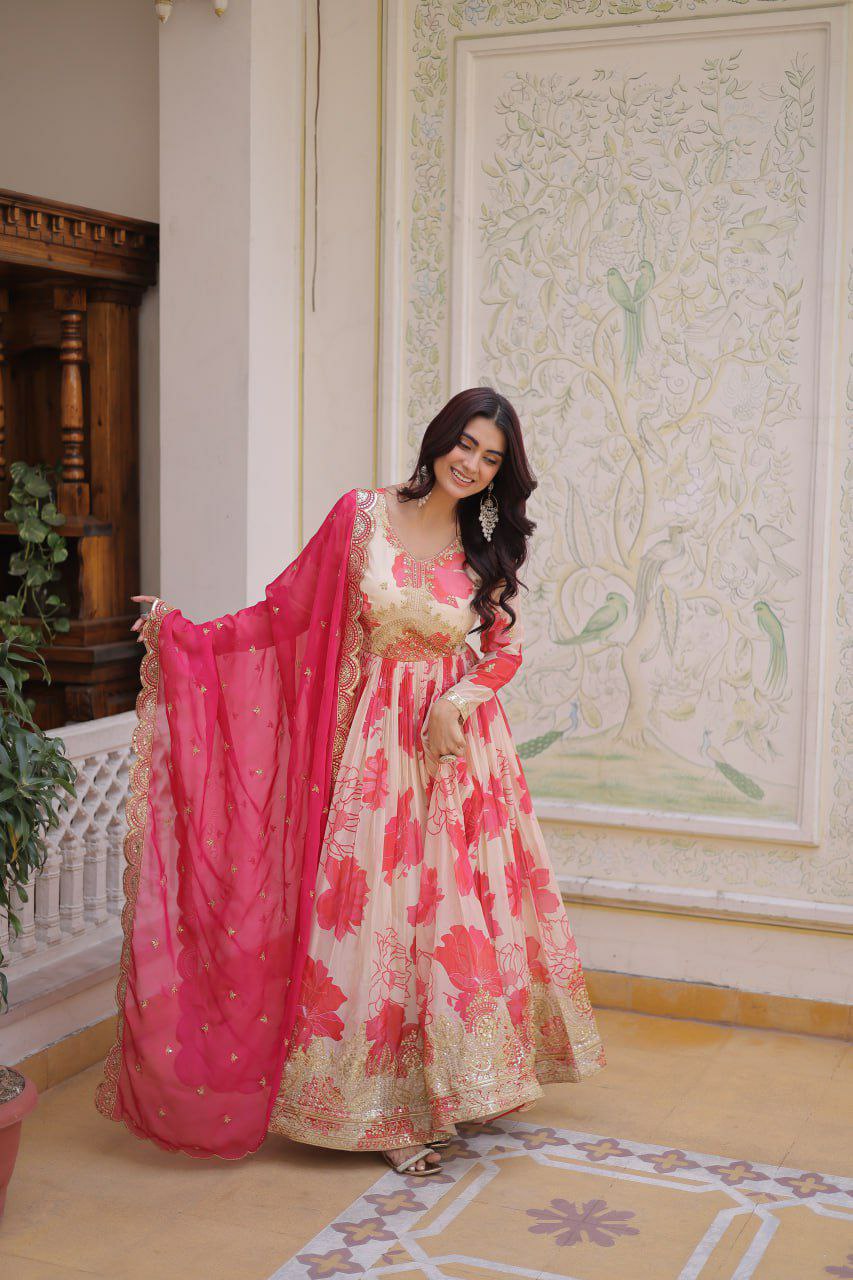 Russian Silk Designer Gown with Embroidered Dupatta