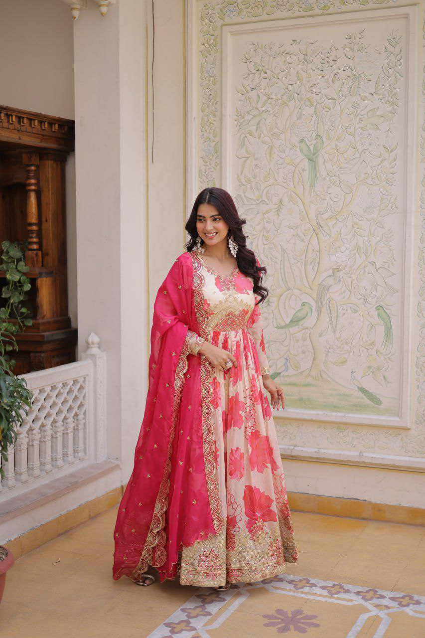 Russian Silk Designer Gown with Embroidered Dupatta