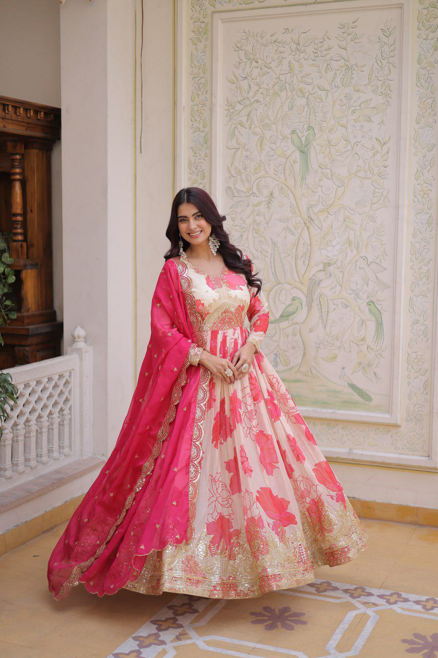 Russian Silk Designer Gown with Embroidered Dupatta