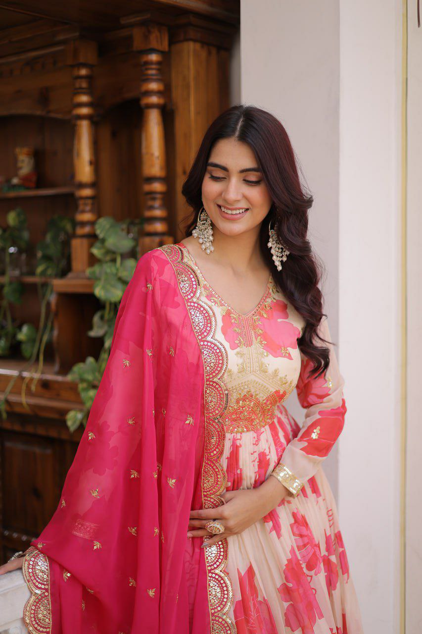 Russian Silk Designer Gown with Embroidered Dupatta