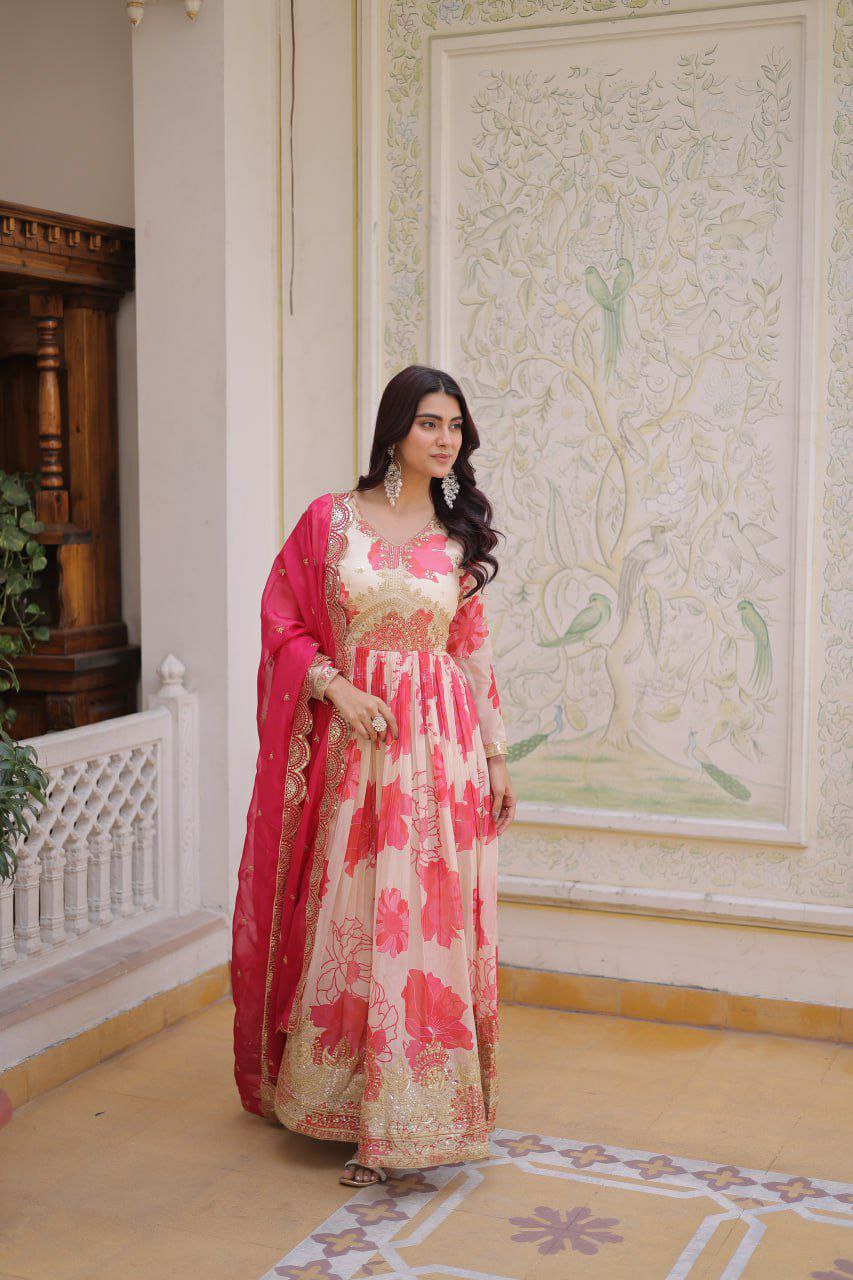 Russian Silk Designer Gown with Embroidered Dupatta