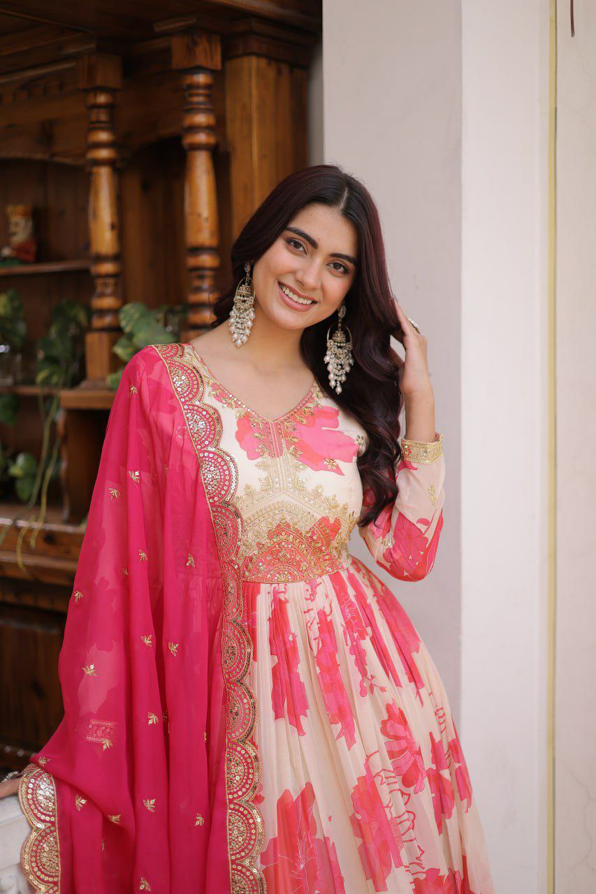 Russian Silk Designer Gown with Embroidered Dupatta